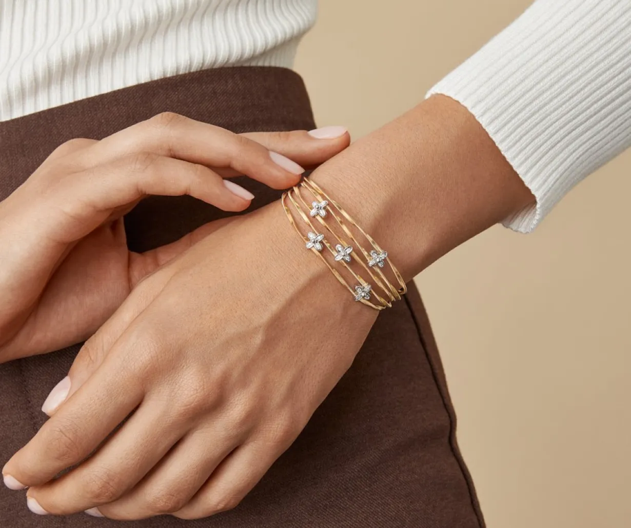 Marco Bicego Bracelet Bangle Multi-Rangs Avec Elements Fleuris Paves De Diamants Best Sale